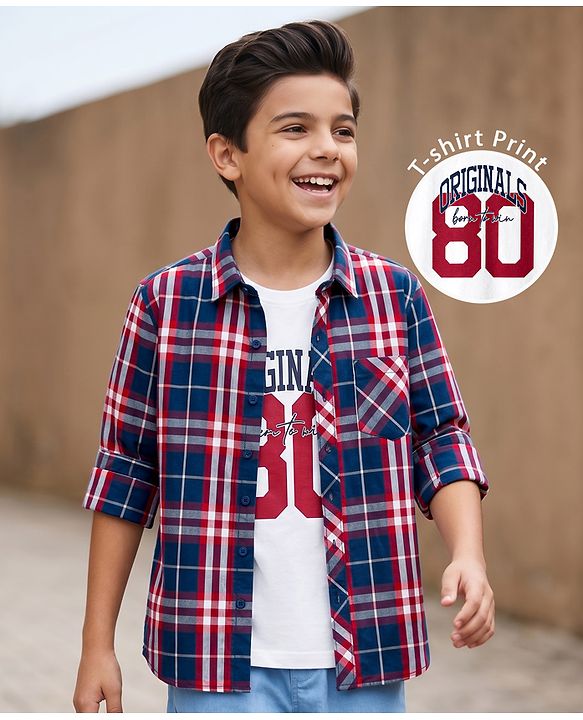 Pine Kids Cotton Woven Half Sleeves Checks Shirt With Printed T-Shirt - Multicolor