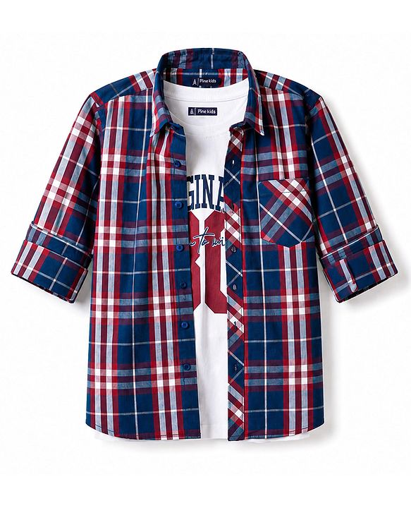 Pine Kids Cotton Woven Half Sleeves Checks Shirt With Printed T-Shirt - Multicolor