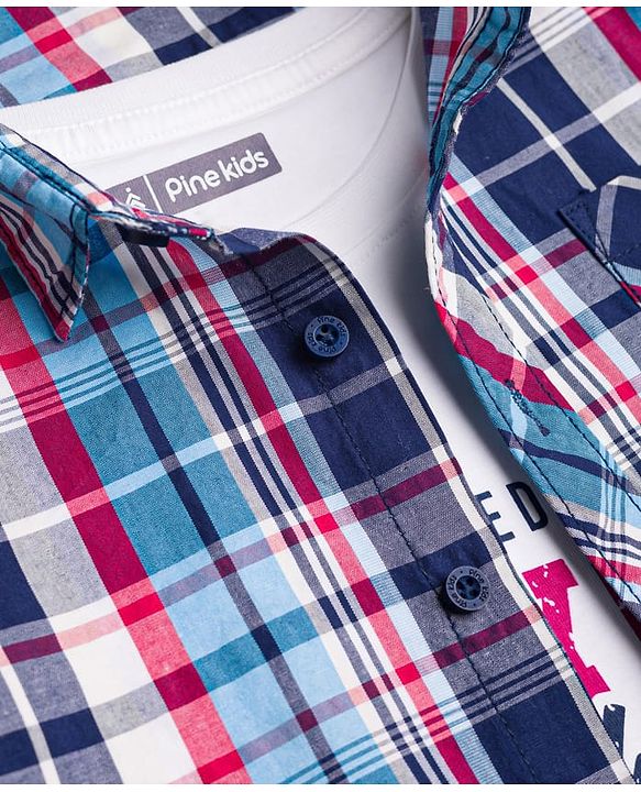 Pine Kids Cotton Woven Half Sleeves Checks Shirt With Printed T-Shirt - Multicolor