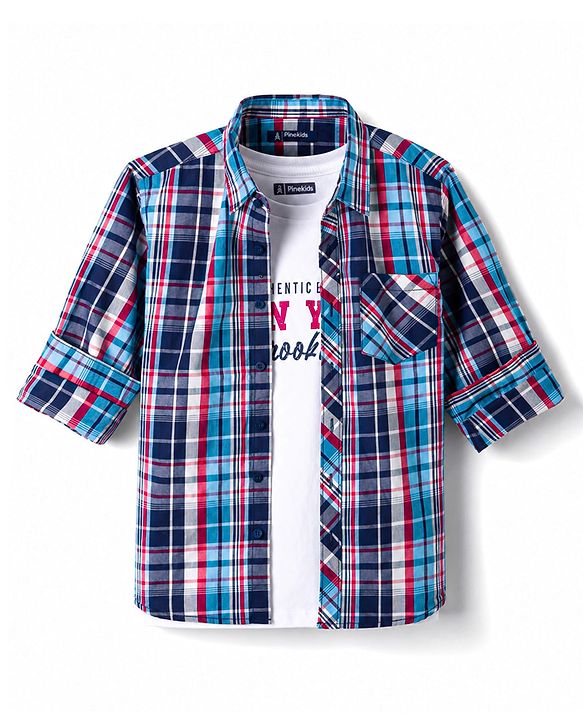 Pine Kids Cotton Woven Half Sleeves Checks Shirt With Printed T-Shirt - Multicolor