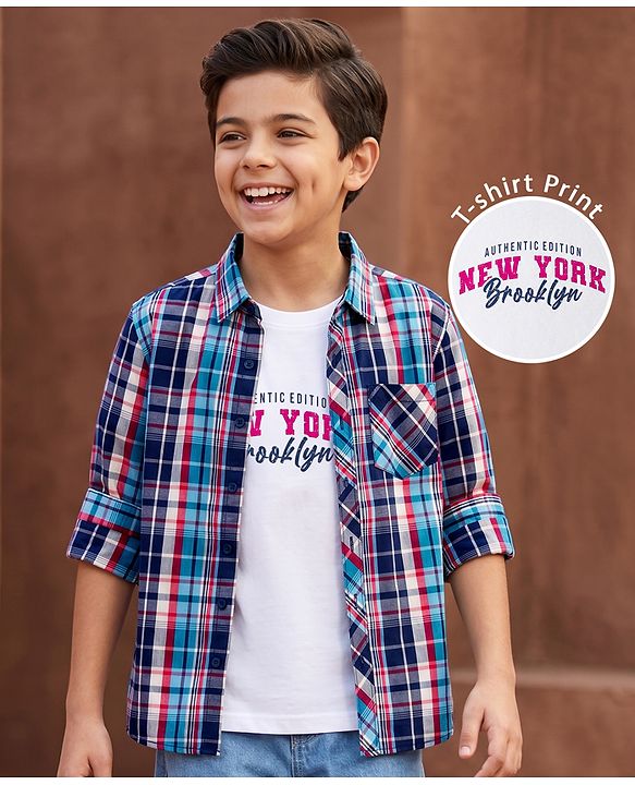 Pine Kids Cotton Woven Half Sleeves Checks Shirt With Printed T-Shirt - Multicolor