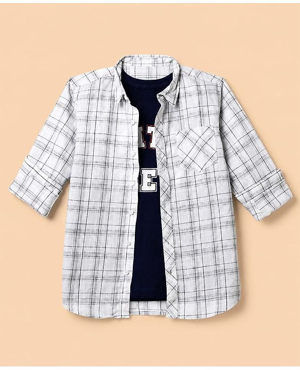 Pine Kids Cotton Woven Full Sleeves Checks Shirts & Text Printed T-Shirt - White