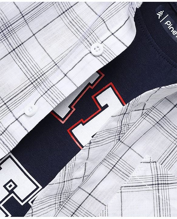 Pine Kids Cotton Woven Full Sleeves Checks Shirts & Text Printed T-Shirt - White