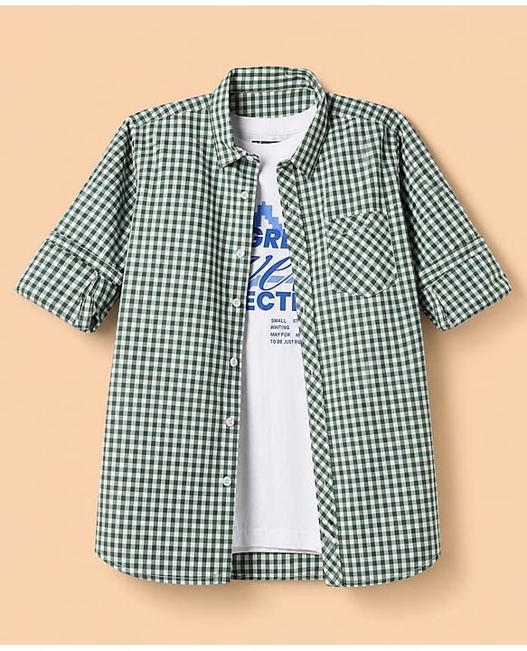 Pine Kids Cotton Woven Checks Twofer Shirt with Full Sleeves - Green