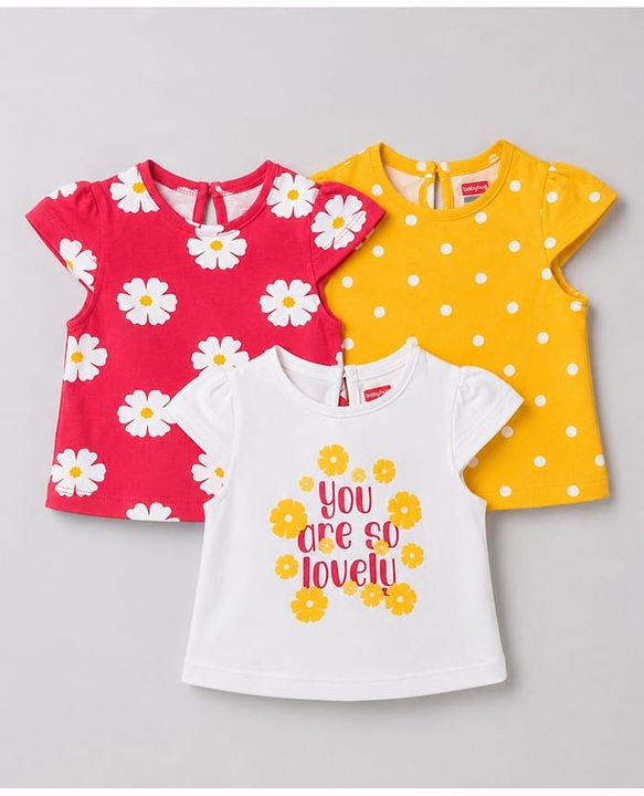 Babyhug 100% Cotton Knit Half Sleeves Floral & Polka Dots Printed T-Shirts Pack Of 3 - Red Yellow & White