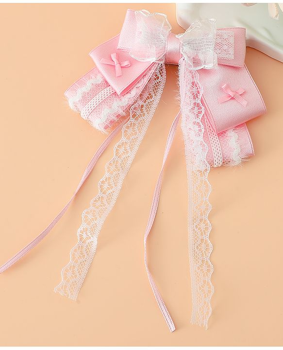 Pine Kids Free Size Bow & Butterfly Hair Clips with Lace Detailing - Pink