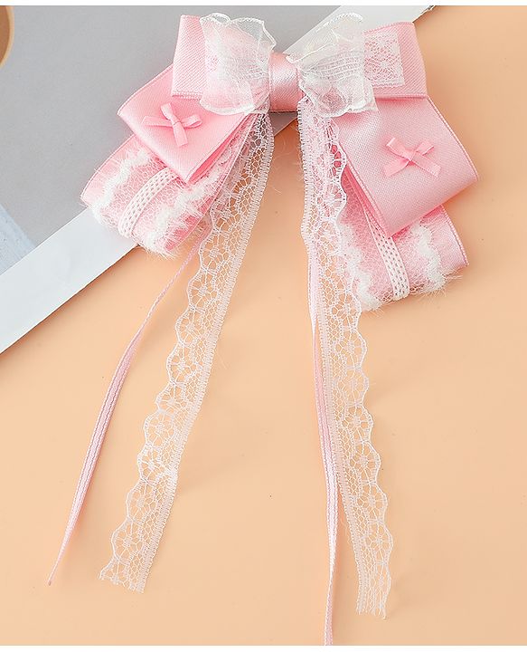 Pine Kids Free Size Bow & Butterfly Hair Clips with Lace Detailing - Pink