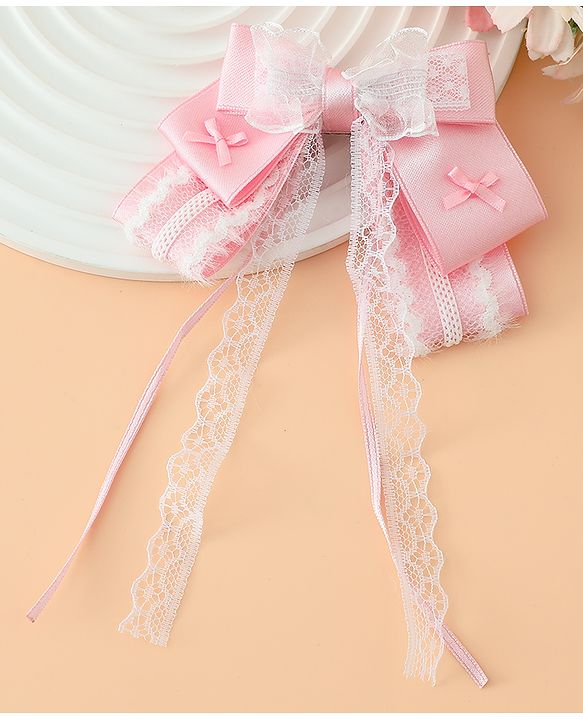 Pine Kids Free Size Bow & Butterfly Hair Clips with Lace Detailing - Pink
