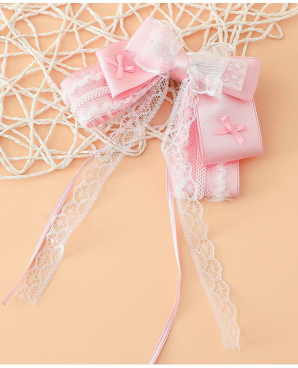 Pine Kids Free Size Bow & Butterfly Hair Clips with Lace Detailing - Pink