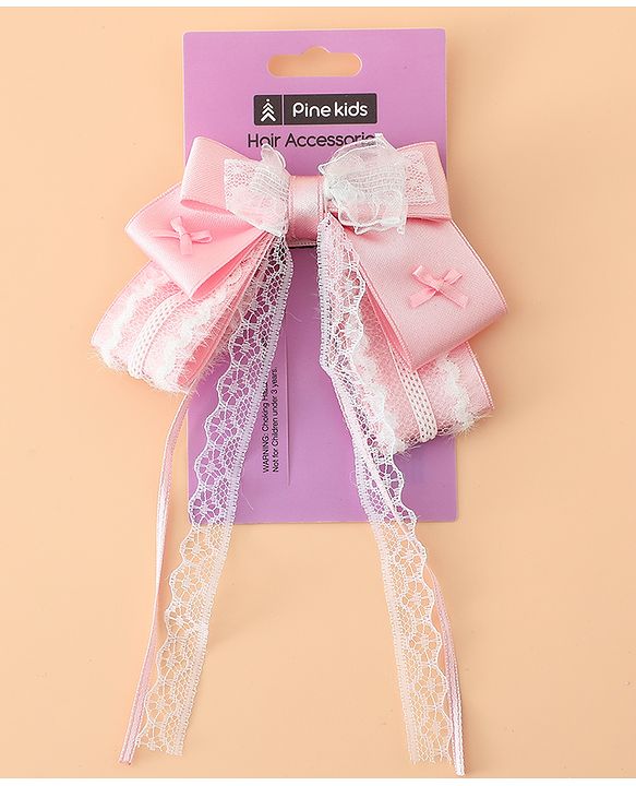 Pine Kids Free Size Bow & Butterfly Hair Clips with Lace Detailing - Pink