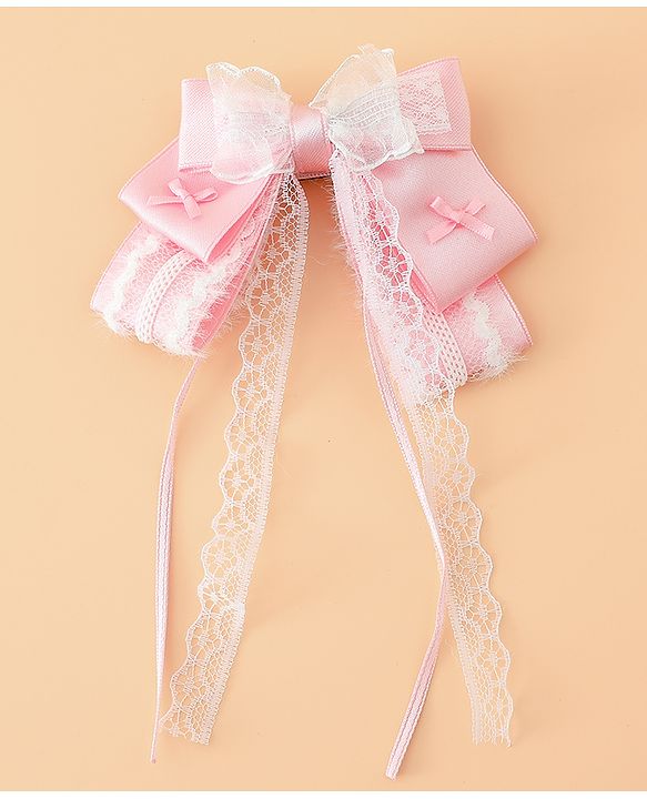 Pine Kids Free Size Bow & Butterfly Hair Clips with Lace Detailing - Pink