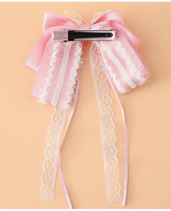 Pine Kids Free Size Bow & Butterfly Hair Clips with Lace Detailing - Pink