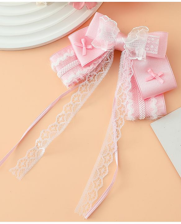 Pine Kids Free Size Bow & Butterfly Hair Clips with Lace Detailing - Pink
