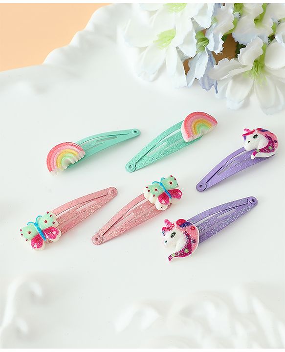 Babyhug Free Size Snap Hair Clips with Rainbow, Butterfly, Unicon Applique pack of 6 - Multicolor