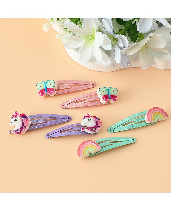 Babyhug Free Size Snap Hair Clips with Rainbow, Butterfly, Unicon Applique pack of 6 - Multicolor