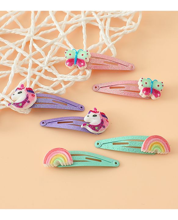 Babyhug Free Size Snap Hair Clips with Rainbow, Butterfly, Unicon Applique pack of 6 - Multicolor