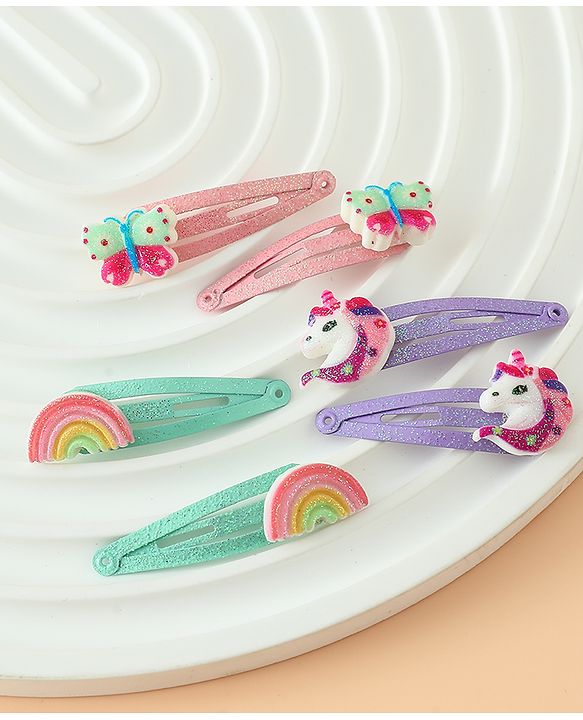 Babyhug Free Size Snap Hair Clips with Rainbow, Butterfly, Unicon Applique pack of 6 - Multicolor