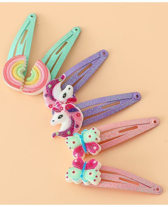 Babyhug Free Size Snap Hair Clips with Rainbow, Butterfly, Unicon Applique pack of 6 - Multicolor