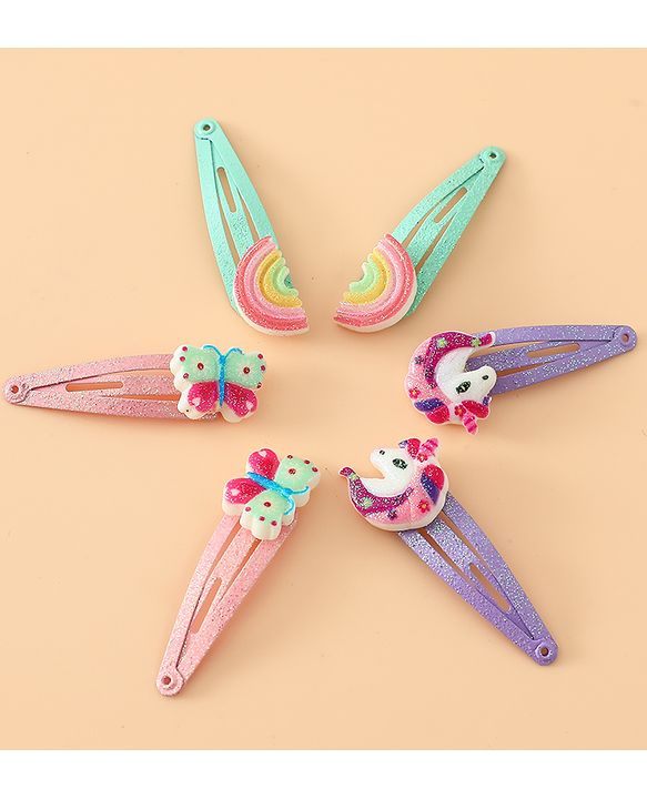 Babyhug Free Size Snap Hair Clips with Rainbow, Butterfly, Unicon Applique pack of 6 - Multicolor