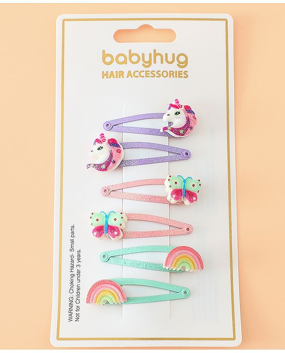 Babyhug Free Size Snap Hair Clips with Rainbow, Butterfly, Unicon Applique pack of 6 - Multicolor