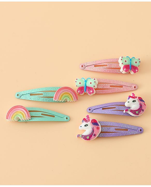 Babyhug Free Size Snap Hair Clips with Rainbow, Butterfly, Unicon Applique pack of 6 - Multicolor