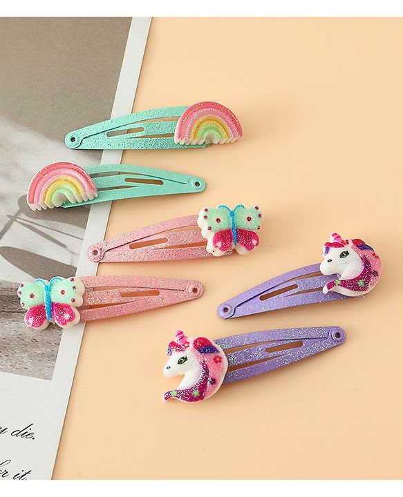 Babyhug Free Size Snap Hair Clips with Rainbow, Butterfly, Unicon Applique pack of 6 - Multicolor