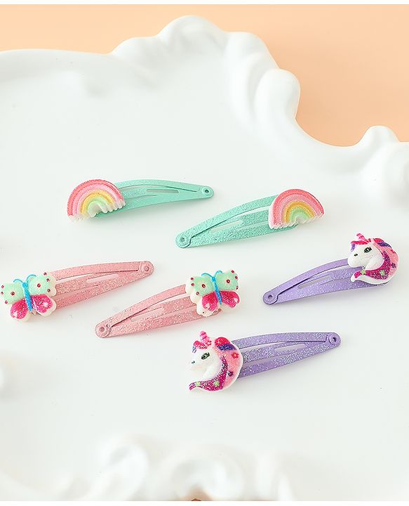 Babyhug Free Size Snap Hair Clips with Rainbow, Butterfly, Unicon Applique pack of 6 - Multicolor