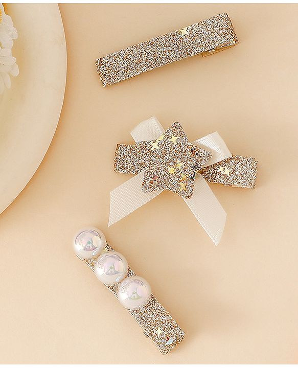Babyhug Hair Pins And Clips With Shimmer & Pearl Free Size - Gold