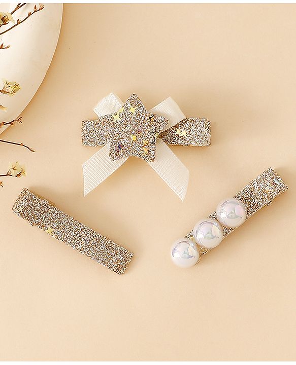 Babyhug Hair Pins And Clips With Shimmer & Pearl Free Size - Gold