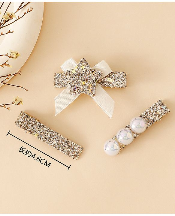 Babyhug Hair Pins And Clips With Shimmer & Pearl Free Size - Gold