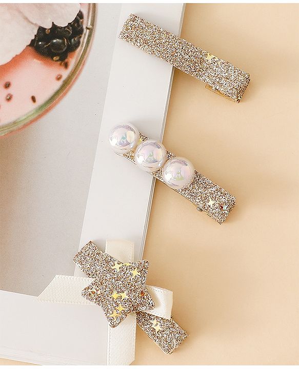 Babyhug Hair Pins And Clips With Shimmer & Pearl Free Size - Gold