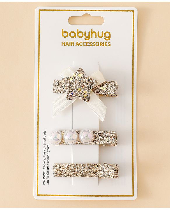 Babyhug Hair Pins And Clips With Shimmer & Pearl Free Size - Gold
