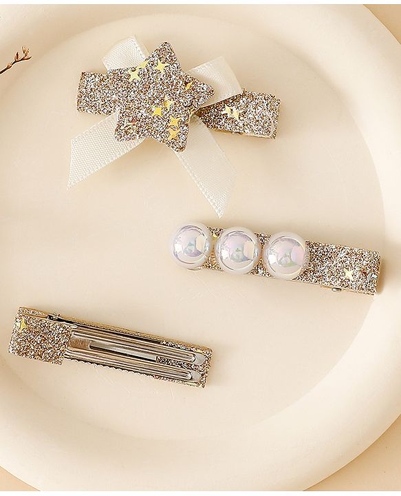Babyhug Hair Pins And Clips With Shimmer & Pearl Free Size - Gold
