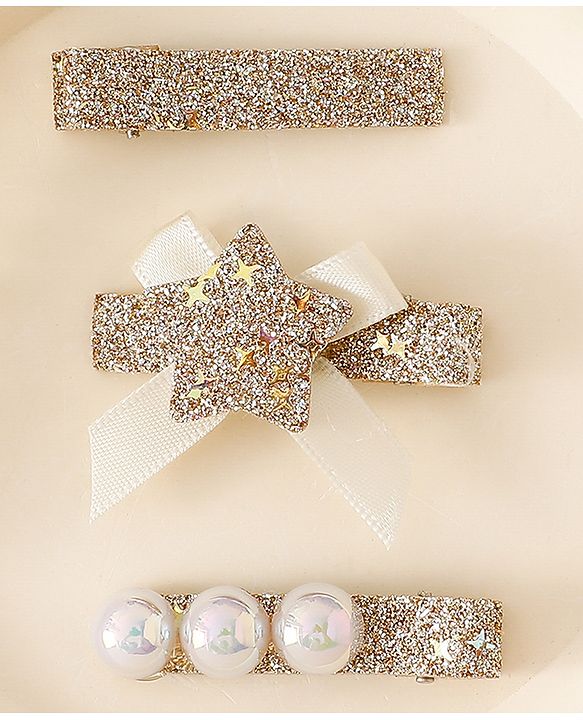 Babyhug Hair Pins And Clips With Shimmer & Pearl Free Size - Gold