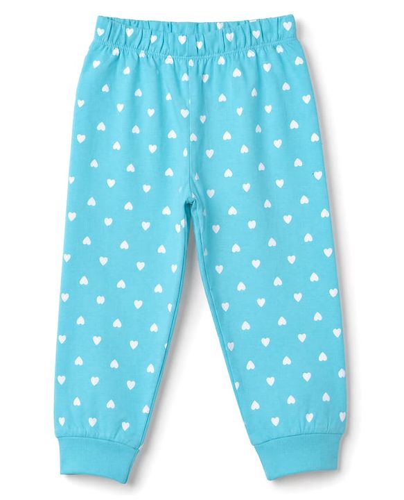 Babyhug 100% Cotton Knit Full Sleeves T-Shirt & Pyjama Night Suit with Heart & Text Print - Aqua Blue