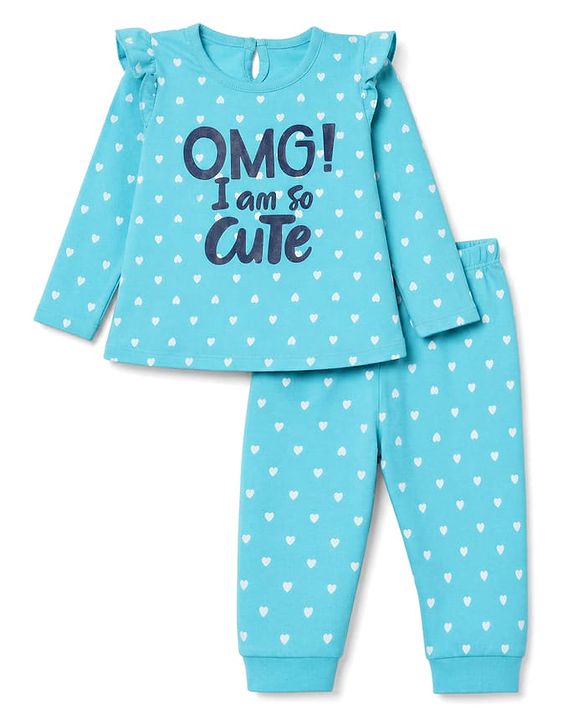 Babyhug 100% Cotton Knit Full Sleeves T-Shirt & Pyjama Night Suit with Heart & Text Print - Aqua Blue