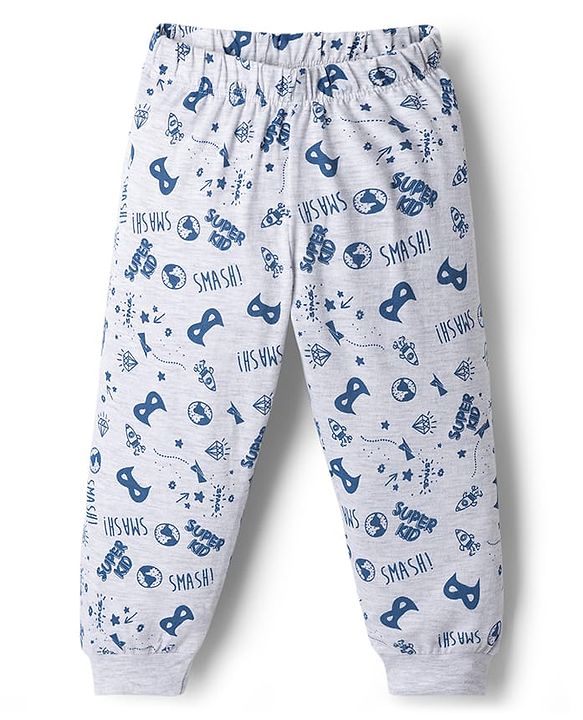 Babyhug 100% Cotton Knit Half Sleeves T-Shirt & Pyjama Night Suit With Text Print - Navy Blue