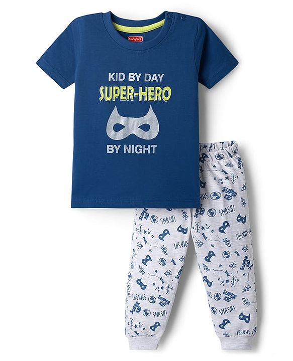 Babyhug 100% Cotton Knit Half Sleeves T-Shirt & Pyjama Night Suit With Text Print - Navy Blue