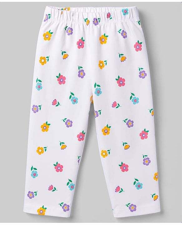 Babyhug 100% Cotton Knit Half Sleeves T-Shirt & Pyjama Night Suit With Floral Print - White