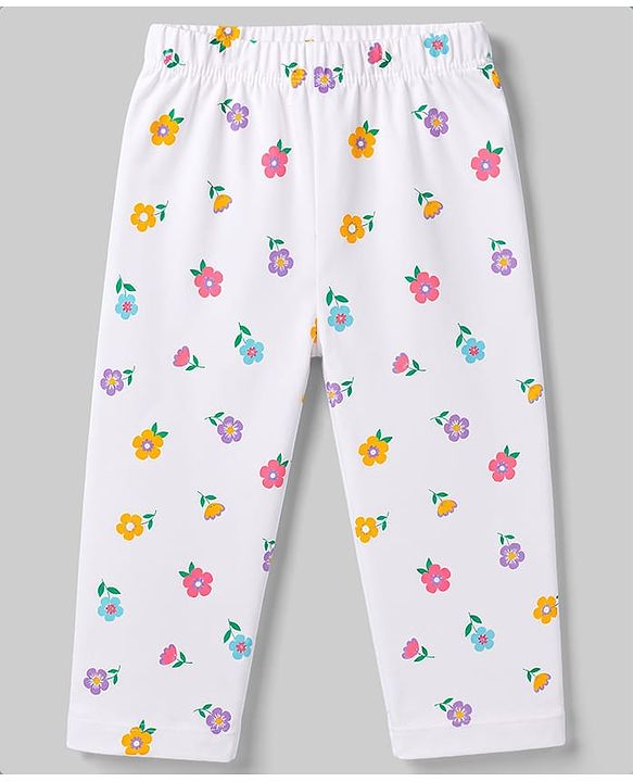Babyhug 100% Cotton Knit Half Sleeves T-Shirt & Pyjama Night Suit With Floral Print - White