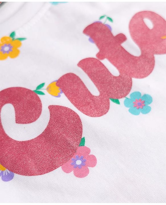 Babyhug 100% Cotton Knit Half Sleeves T-Shirt & Pyjama Night Suit With Floral Print - White