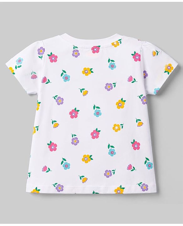 Babyhug 100% Cotton Knit Half Sleeves T-Shirt & Pyjama Night Suit With Floral Print - White