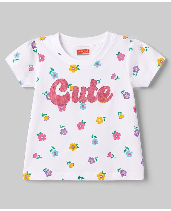 Babyhug 100% Cotton Knit Half Sleeves T-Shirt & Pyjama Night Suit With Floral Print - White