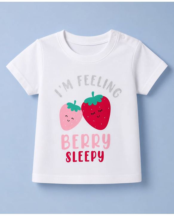 Babyhug 100% Cotton Knit Half sleeves T-Shirt & Pyjama Night Suit With Polka Dot & Text Print - White