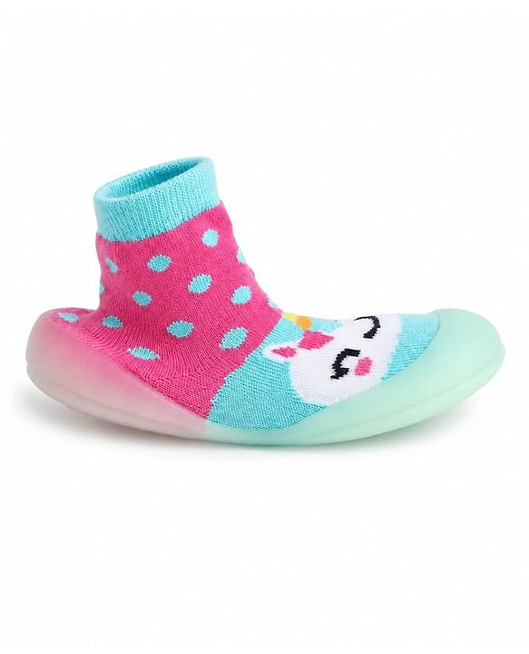 Cute Walk by Babyhug Slip on Sock Shoes with Unicorn & Polka Dot Print - Sea Green