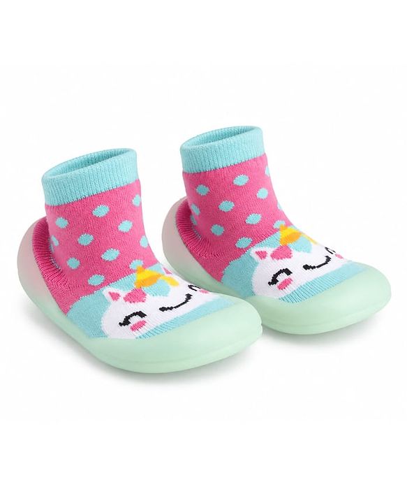 Cute Walk by Babyhug Slip on Sock Shoes with Unicorn & Polka Dot Print - Sea Green