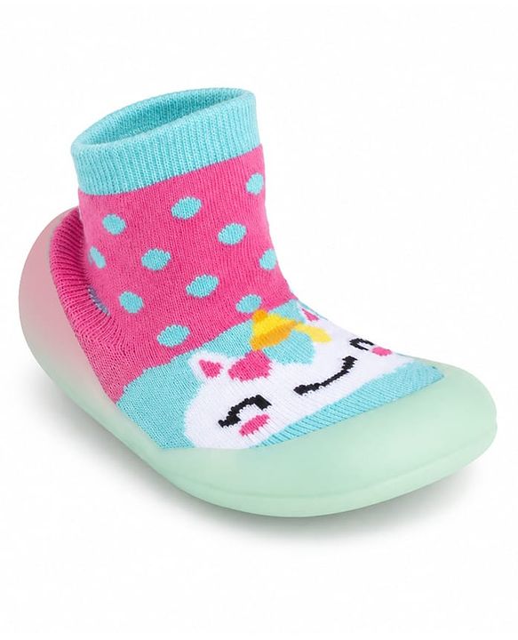 Cute Walk by Babyhug Slip on Sock Shoes with Unicorn & Polka Dot Print - Sea Green