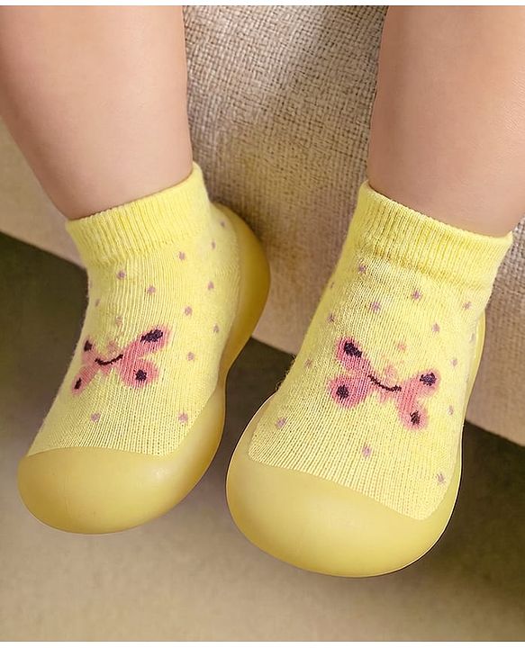 Cute Walk by Babyhug Slip On Sock Shoes With Butterfly & Polka Dots Design - Yellow