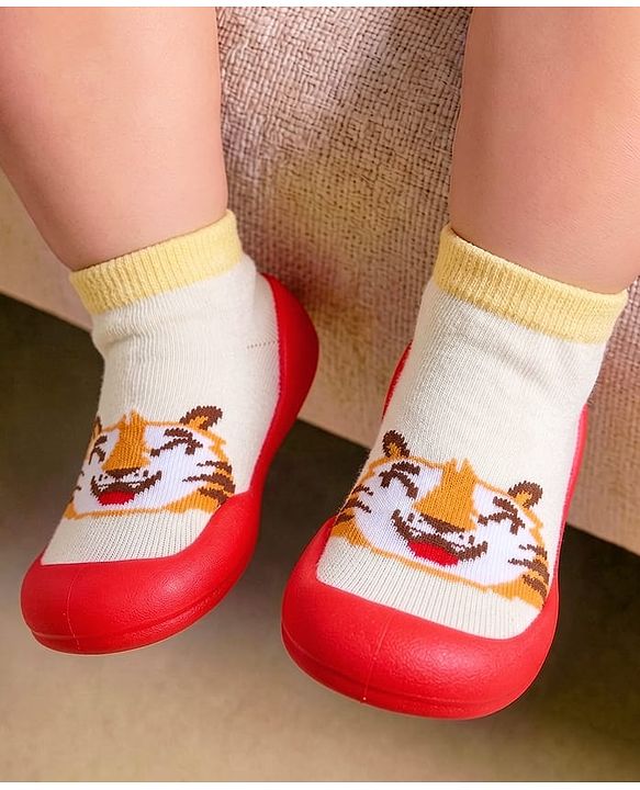 Cute Walk by Babyhug Slip on Sock Shoes with Tiger Print - Red