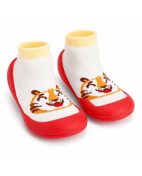 Cute Walk by Babyhug Slip on Sock Shoes with Tiger Print - Red